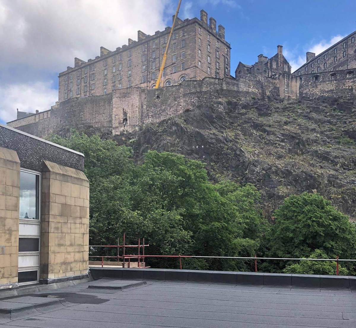 Completed flat roof at Argyle House, Edinburgh, with Edinburgh Castle behind
